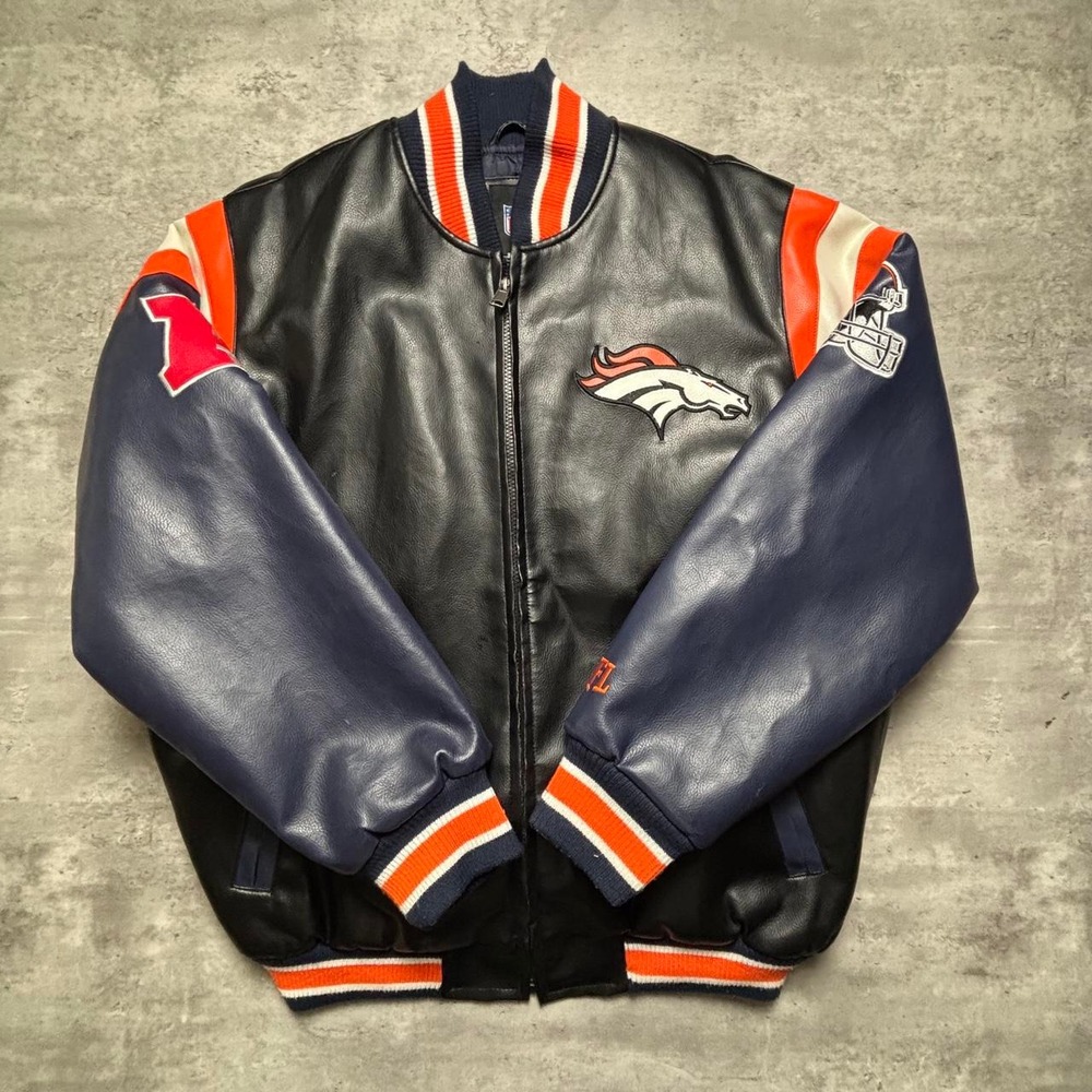 NFL Faux Leather Bomber Jacket Mens Medium Black Denver Broncos Embroidery